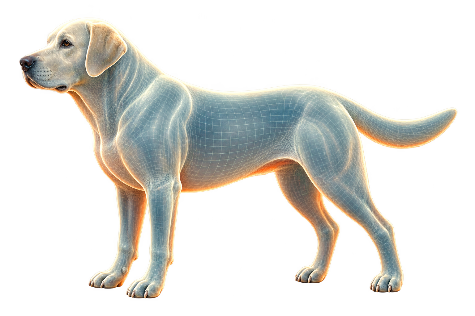 Scientific-style three-dimensional illustration of a standing Labrador, with simplified interactive body-region markers